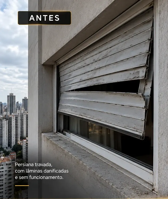 Persiana externa travada e com lâminas danificadas antes do reparo