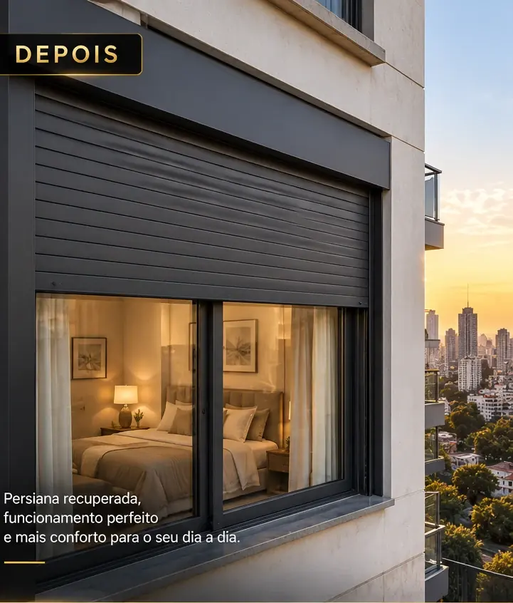 Persiana externa recuperada em apartamento com vista para a cidade, funcionamento perfeito